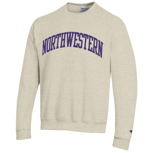 Northwestern University Wildcats Men's Oatmeal Heather Champion Eco Powerblend Crewneck Sweatshirt with Purple Arched Northwestern Wool Sewn Appliqué Design