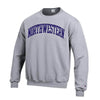 Northwestern University Wildcats Men's Heather Grey Champion Eco Powerblend Crewneck Sweatshirt with Purple Arched Northwestern Wool Sewn Appliqué Design