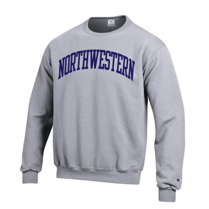 Northwestern University Wildcats Men's Heather Grey Champion Eco Powerblend Crewneck Sweatshirt with Purple Arched Northwestern Wool Sewn Appliqué Design