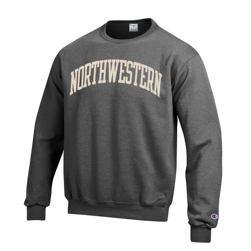 Northwestern University Wildcats Men's Granite Heather Champion Eco Powerblend Crewneck Sweatshirt with Creamy White Arched Northwestern Wool Sewn Appliqué Design