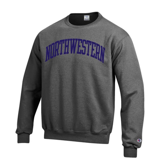 Northwestern University Wildcats Men's Granite Heather Champion Eco Powerblend Crewneck Sweatshirt with Purple Arched Northwestern Wool Sewn Appliqué Design