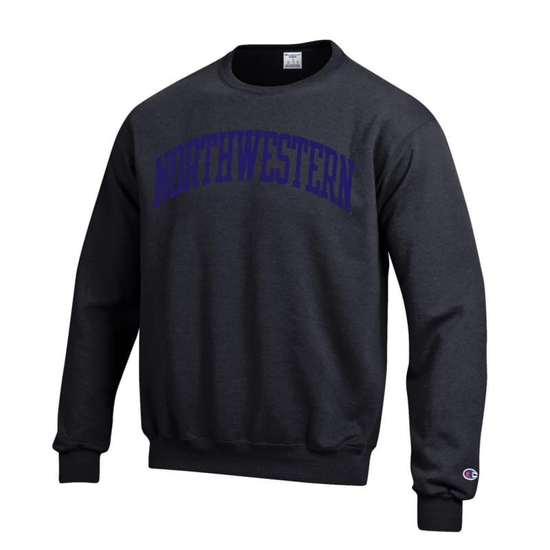 Northwestern University Wildcats Men's Black Champion Eco Powerblend Crewneck Sweatshirt with Purple Arched Northwestern Wool Sewn Appliqué Design
