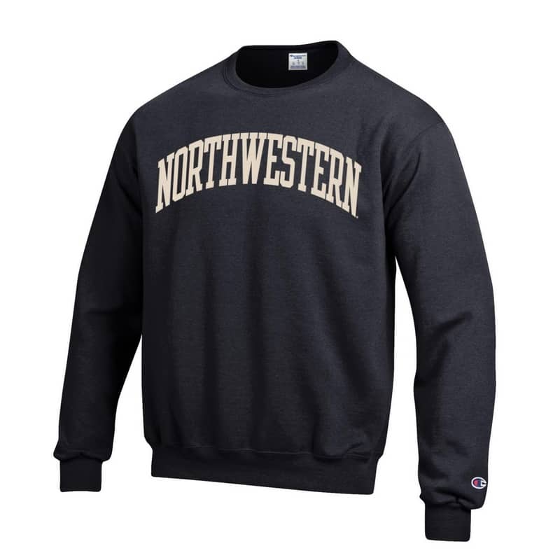 Northwestern University Wildcats Men's Black Champion Eco Powerblend Crewneck Sweatshirt with Creamy White Arched Northwestern Wool Sewn Appliqué Design -2