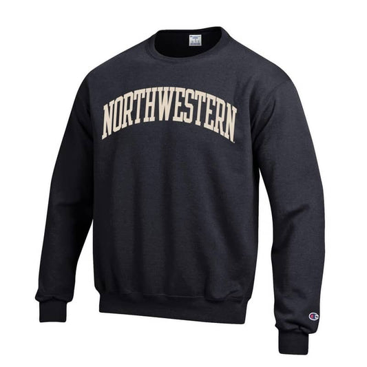 Northwestern University Wildcats Men's Black Champion Eco Powerblend Crewneck Sweatshirt with Creamy White Arched Northwestern Wool Sewn Appliqué Design -2