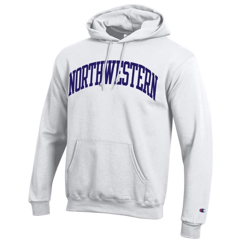 Northwestern University Wildcats Men's White Champion Eco Powerblend Hooded Sweatshirt with Purple Arched Northwestern Wool Sewn Appliqué Design