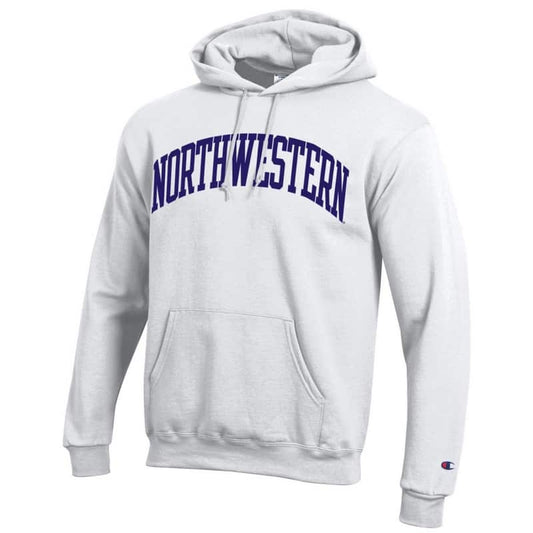 Northwestern University Wildcats Men's White Champion Eco Powerblend Hooded Sweatshirt with Purple Arched Northwestern Wool Sewn Appliqué Design