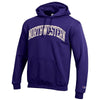 Northwestern University Wildcats Men's Purple Champion Eco Powerblend Hooded Sweatshirt with Creamy White Arched Northwestern Wool Sewn Appliqué Design