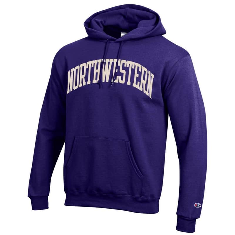 Northwestern University Wildcats Men's Purple Champion Eco Powerblend Hooded Sweatshirt with Creamy White Arched Northwestern Wool Sewn Appliqué Design