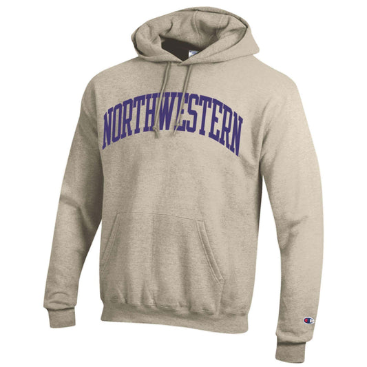 Northwestern University Wildcats Men's Oatmeal Heather Champion Eco Powerblend Hooded Sweatshirt with Purple Arched Northwestern Wool Sewn Appliqué Design