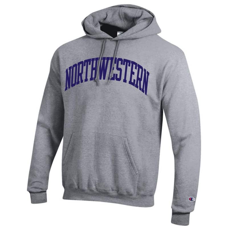 Northwestern University Wildcats Men's Heather Grey Champion Eco Powerblend Hooded Sweatshirt with Purple Arched Northwestern Wool Sewn Appliqué Design