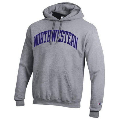 Northwestern University Wildcats Men's Heather Grey Champion Eco Powerblend Hooded Sweatshirt with Purple Arched Northwestern Wool Sewn Appliqué Design