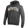 Northwestern University Wildcats Men's Granite Heather Champion Eco Powerblend Hooded Sweatshirt with Creamy White Arched Northwestern Wool Sewn Appliqué Design
