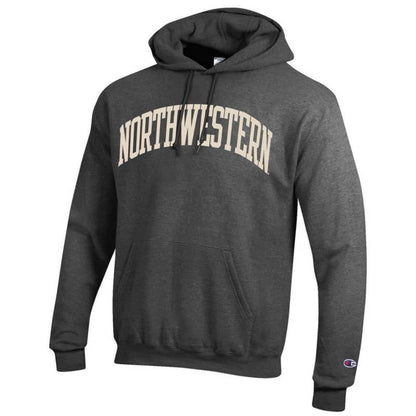 Northwestern University Wildcats Men's Granite Heather Champion Eco Powerblend Hooded Sweatshirt with Creamy White Arched Northwestern Wool Sewn Appliqué Design