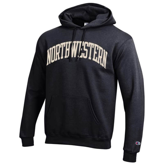 Northwestern University Wildcats Men's Black Champion Eco Powerblend Hooded Sweatshirt with Creamy White Arched Northwestern Wool Sewn Appliqué Design