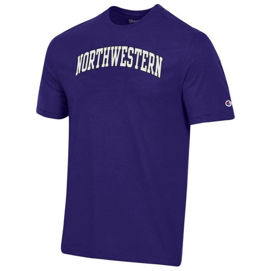 Northwestern University Wildcats Men's Purple Short Sleeve Tee Shirt with Vintage Appliqué Arched Northwestern Design -2