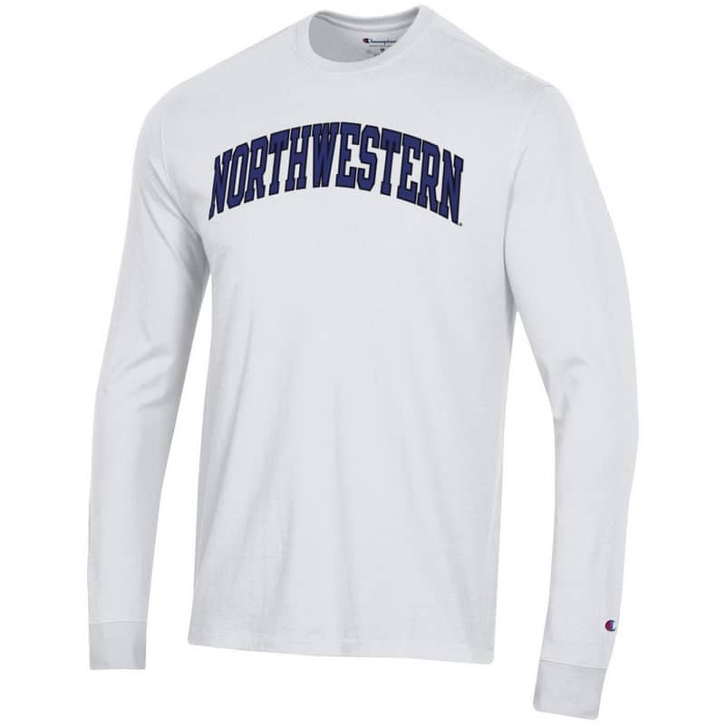 Northwestern University Wildcats Men's White Long Sleeve Tee Shirt with Vintage Appliqué Arched Northwestern Design