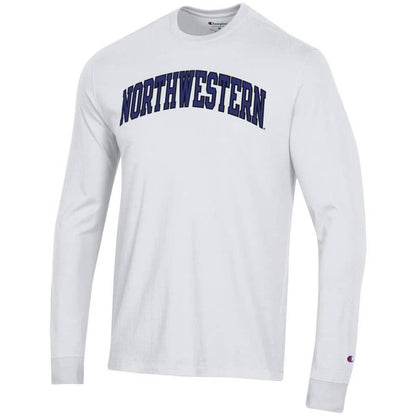 Northwestern University Wildcats Men's White Long Sleeve Tee Shirt with Vintage Appliqué Arched Northwestern Design