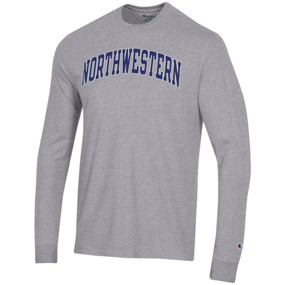 Northwestern University Wildcats Men's Heritage Grey Long Sleeve Tee Shirt with Vintage Appliqué Arched Northwestern Design