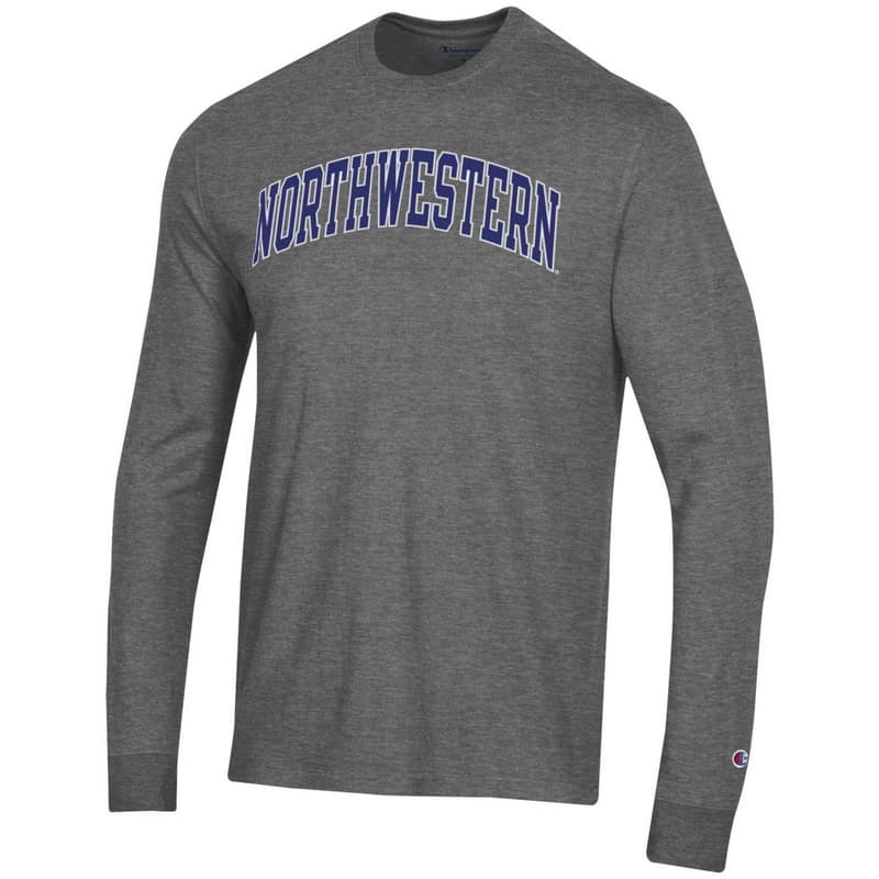Northwestern University Wildcats Men's Granite Heather Long Sleeve Tee Shirt with Vintage Appliqué Arched Northwestern Design