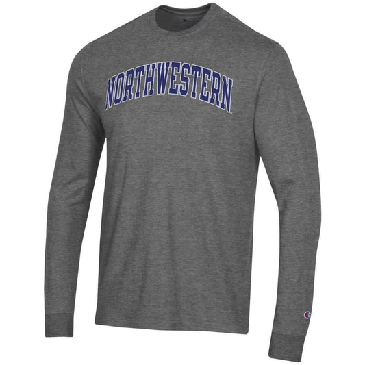 Northwestern University Wildcats Men's Granite Heather Long Sleeve Tee Shirt with Vintage Appliqué Arched Northwestern Design
