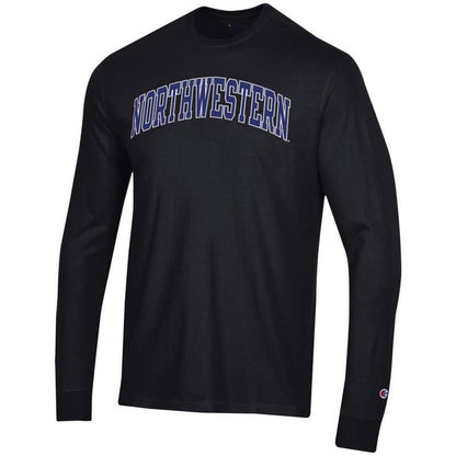 Northwestern University Wildcats Men's Black Long Sleeve Tee Shirt with Vintage Appliqué Arched Northwestern Design