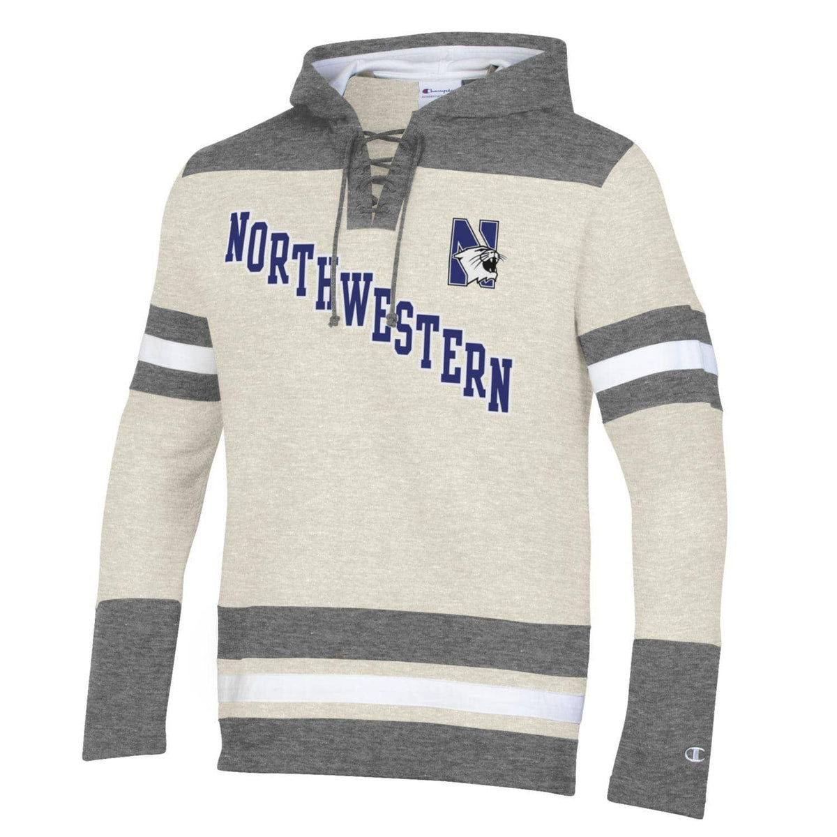 Northwestern University Wildcats Champion Men's Oatmeal/Heather Pullover Hockey Hooded Sweatshirt with Diagonal & N-Cat Design