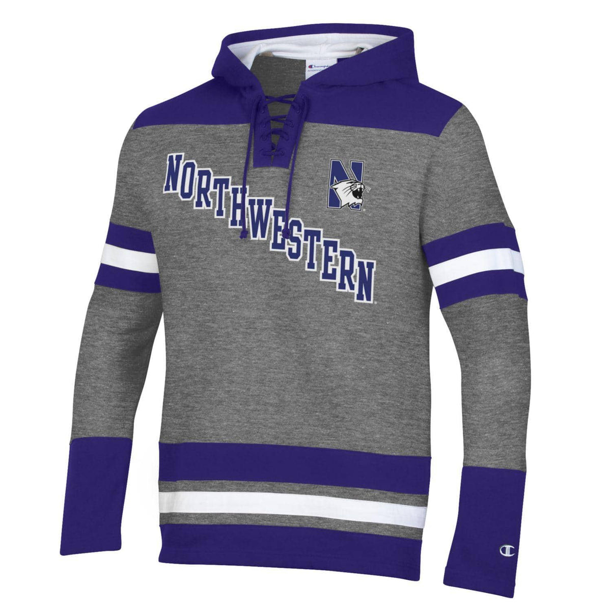 Northwestern University Wildcats Champion Men's Heather/Purple Pullover Hockey Hooded Sweatshirt with Diagonal & N-Cat Design