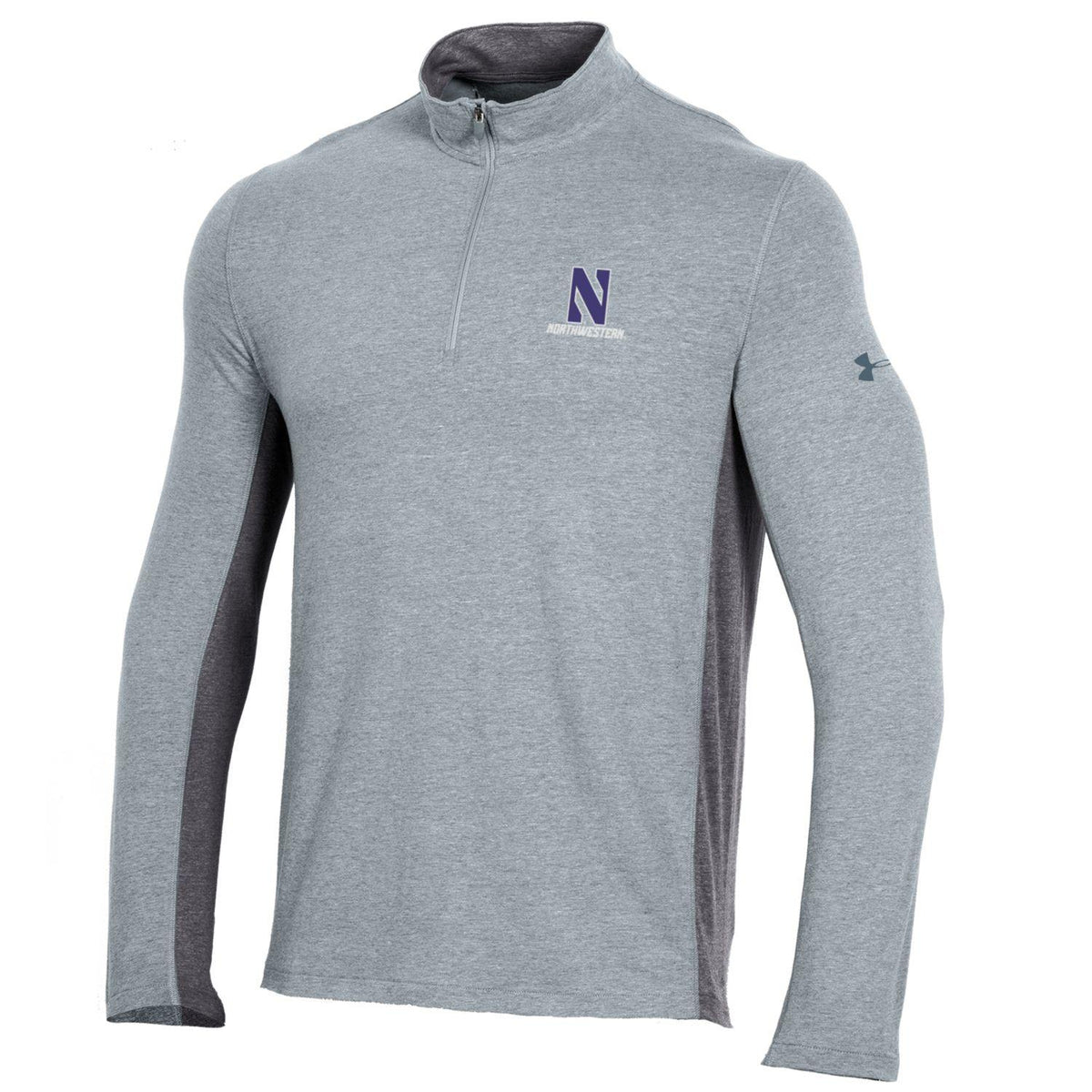 Northwestern University Wildcats Men’s Under Armour Charged Cotton 1/4 Zip with Stylized N Design in Steel Heather Color