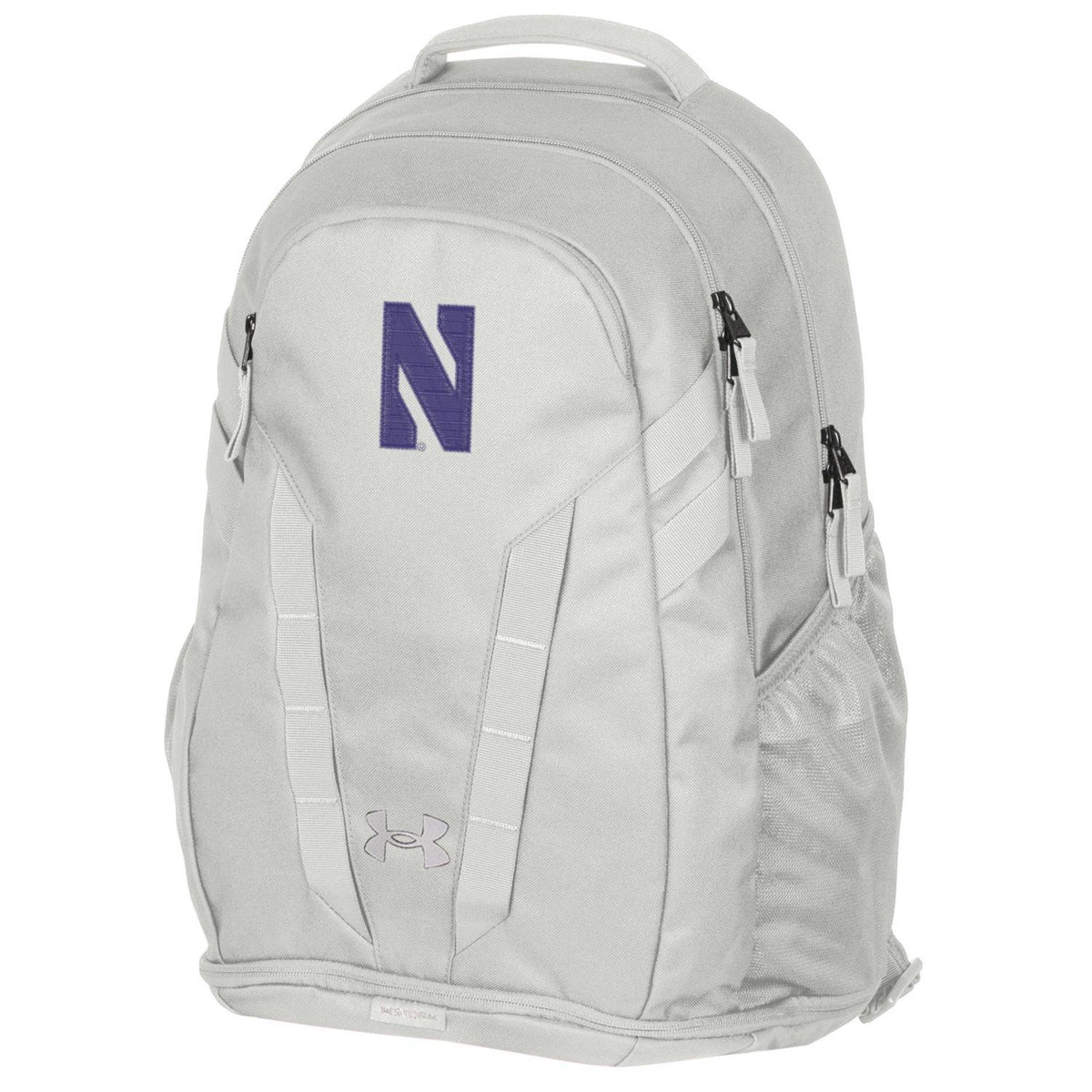 Northwestern University Wildcats Under Armour White Hustle 5.0 Backpack with Stylized N in Solid Purple