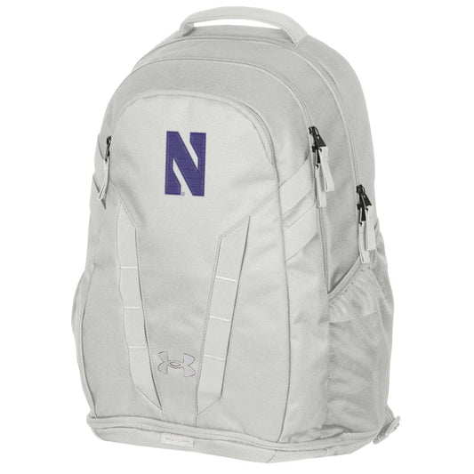 Northwestern University Wildcats Under Armour White Hustle 5.0 Backpack with Stylized N in Solid Purple