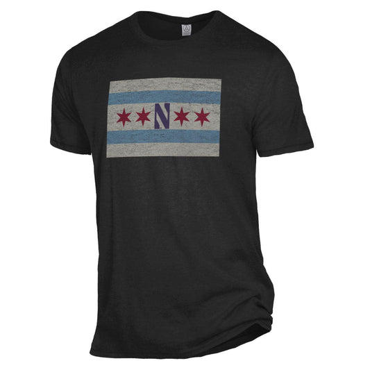 Northwestern University Wildcats Men's Alternative Apparel The Keeper Black Short Sleeve Tee Shirt with Chicago Flag Design