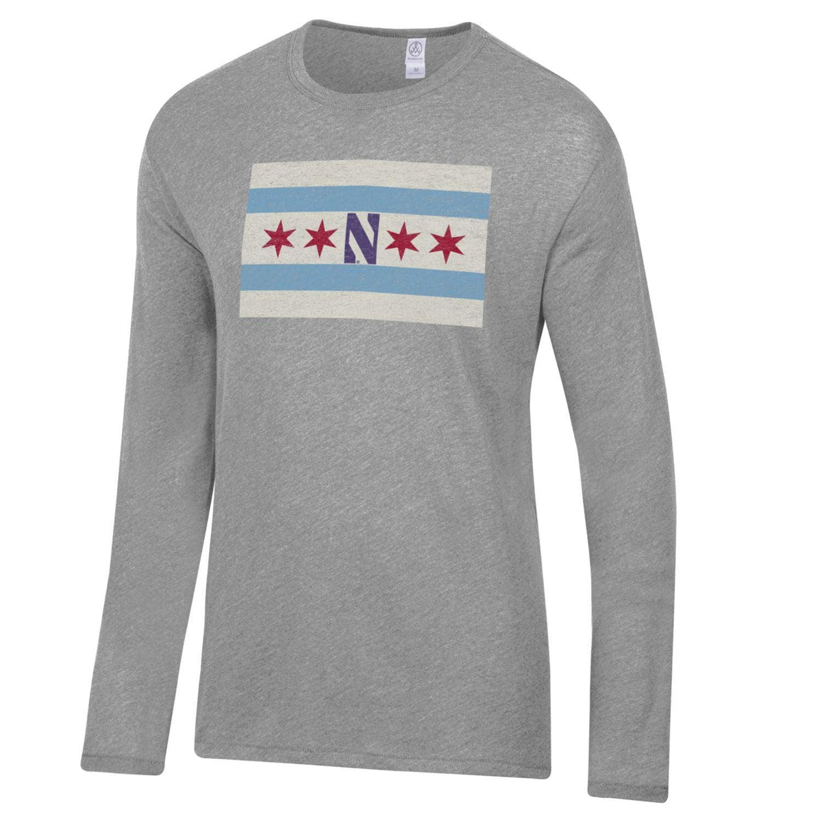 Northwestern University Wildcats Men's Alternative Apparel The Keeper Smoke Grey Long Sleeve Tee Shirt with Chicago Flag Design