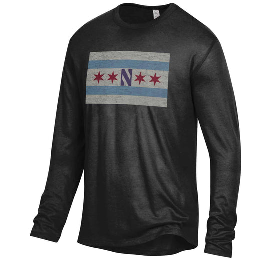 Northwestern University Wildcats Men's Alternative Apparel The Keeper Black Long Sleeve Tee Shirt with Chicago Flag Design