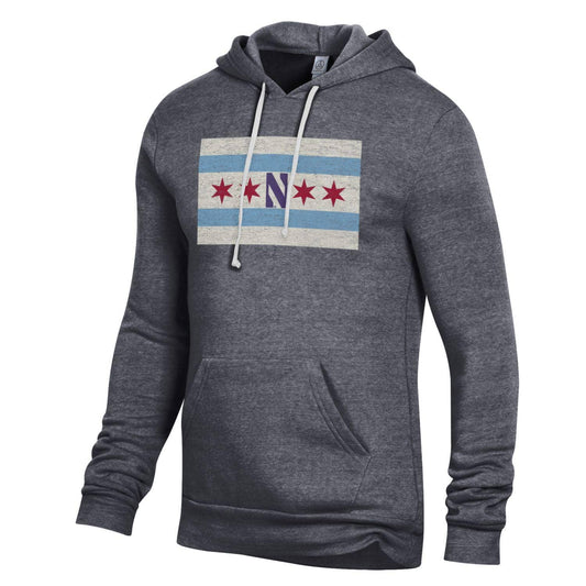 Northwestern University Wildcats Men's Alternative Apparel The Challenger Eco Black Hooded Sweatshirt with Chicago Flag Design