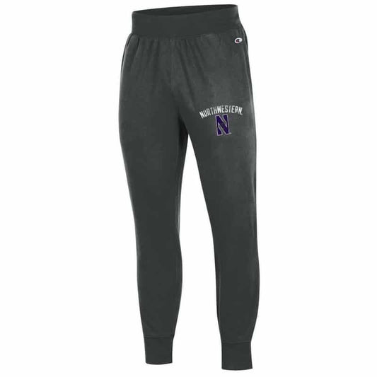 Northwestern University Wildcats Men’s Black Champion Super Heavy Reverse Weave Hooded Sweatshirt with Creamy White Arched Northwestern Wool Sewn Appliqué Design