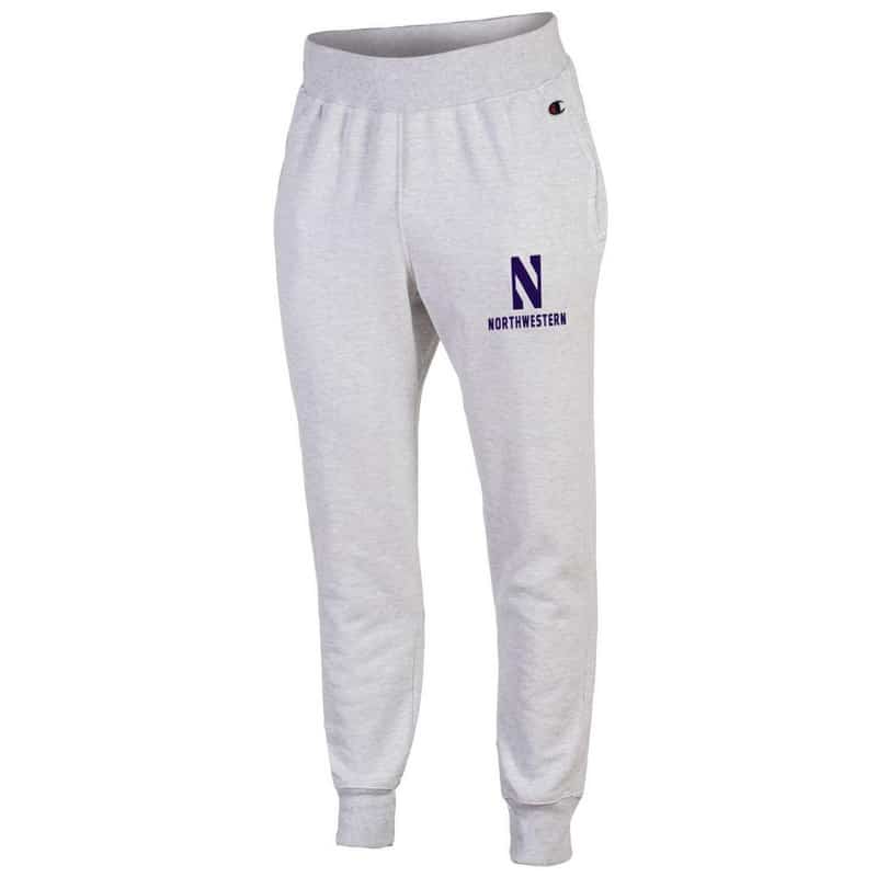 Northwestern University Wildcats Champion Men's Silver Grey Super Heavy Weight Reverse Weave Jogger Pant With Stylized N over Northwestern Design