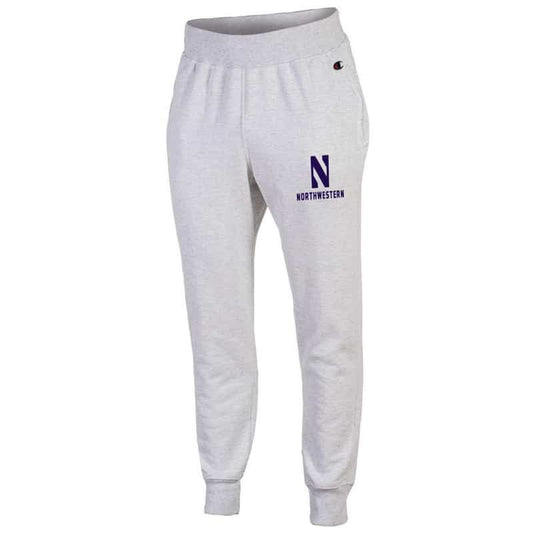 Northwestern University Wildcats Champion Men's Silver Grey Super Heavy Weight Reverse Weave Jogger Pant With Stylized N over Northwestern Design