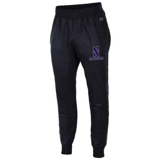 Northwestern University Wildcats Champion Men's Black Super Heavy Weight Reverse Weave Jogger Pant With Stylized N over Northwestern Design
