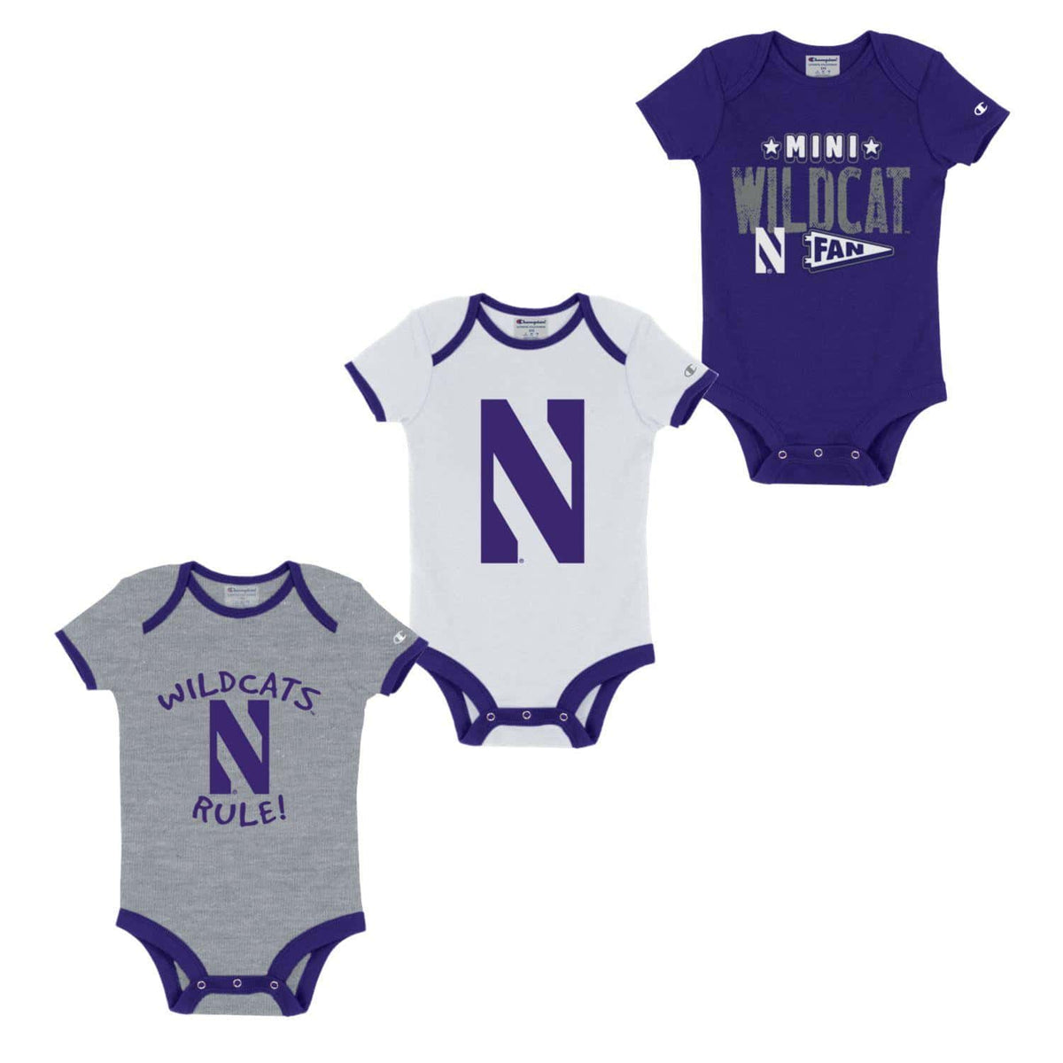 Northwestern University Wildcats Infant 3-Pack Bodysuit Onesie Set with Mini Wildcat Design