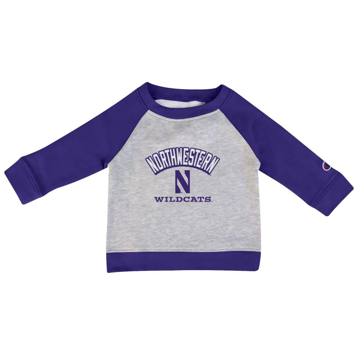 Northwestern University Wildcats Infant/Toddler Color-Block Purple/Grey Champion Crewneck Sweatshirt with Arch over N Wildcats Design