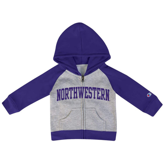 Northwestern University Wildcats Infant/Toddler Color-Block Purple/Grey Champion Ziphood Sweatshirt with Arch Northwestern Design