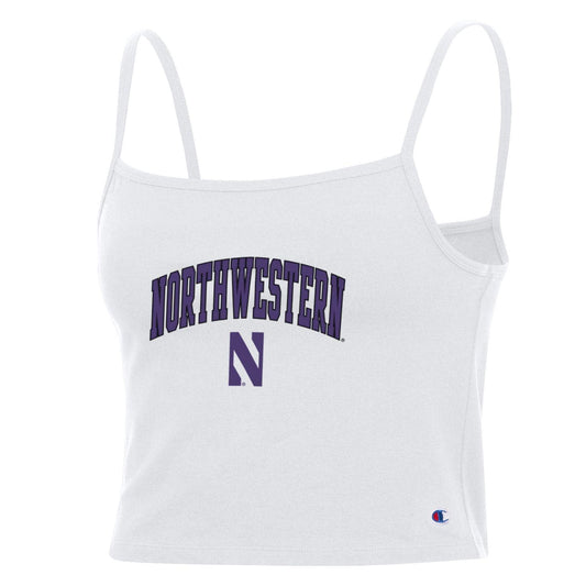 Northwestern University Wildcats Women’s Champion Football Fan White Cropped Cami with Arch Over N Design