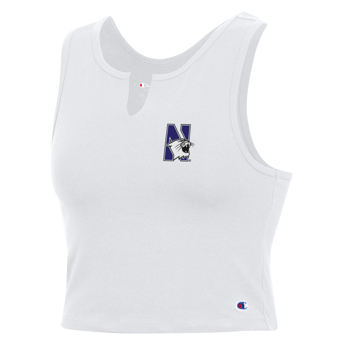 Northwestern University Wildcats Women’s Champion Football Fan White Fitted Crop Tank with N-Cat Design