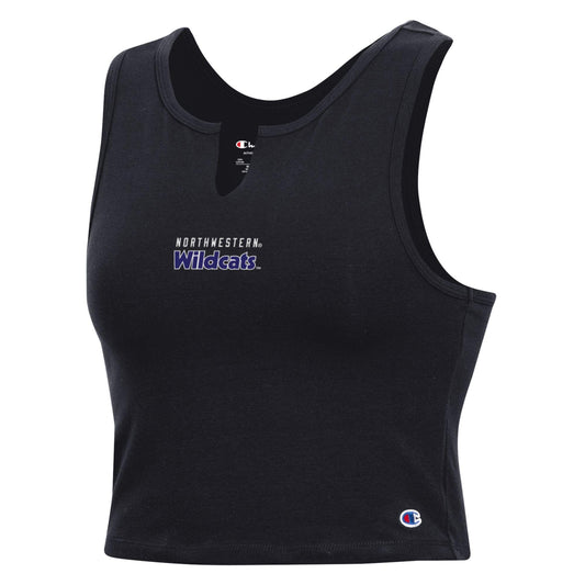 Northwestern University Wildcats Women’s Champion Football Fan White Fitted Crop Tank with Northwestern over Wildcats Design