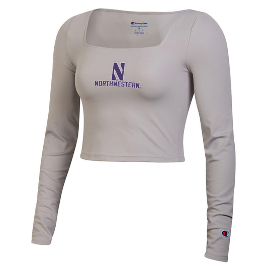 Northwestern University Wildcats Women’s Champion Tailgate Her Silver Opal Long Sleeve Square Neck Crop
