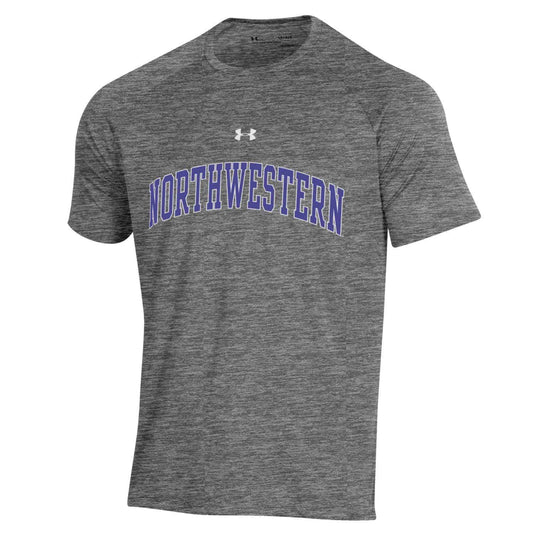 Northwestern University Wildcats Men’s Under Armour Grey Twist Tech Novelty Short Sleeve Tee with Arched Northwestern Design