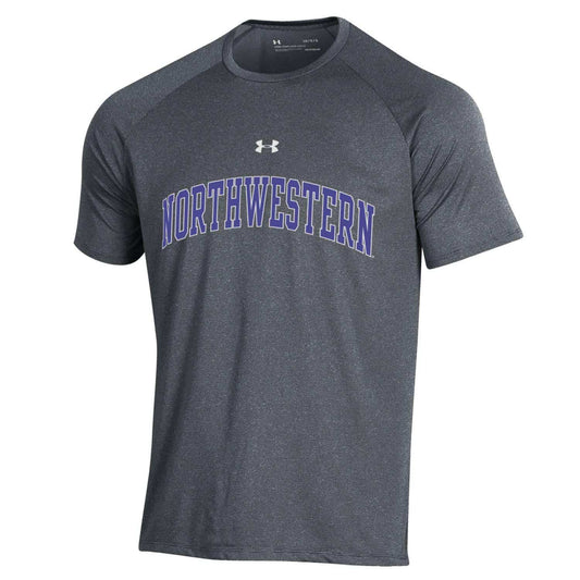Northwestern University Wildcats Men’s Under Armour Pitch Grey Tech Novelty Short Sleeve Tee with Arched Northwestern Design