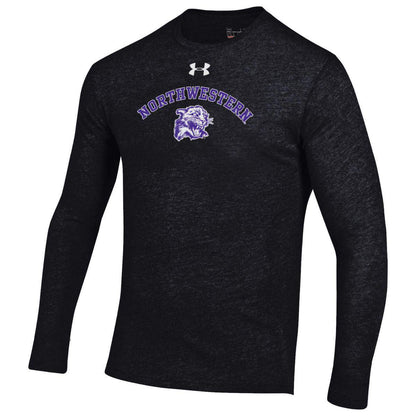 Northwestern University Wildcats Men’s Under Armour Triblend Black Heather Long Sleeve Tee with Vintage Wildcat Design