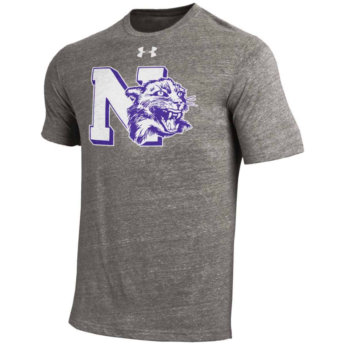 Northwestern University Wildcats Men’s Under Armour Triblend Grey Tee with Vintage N-cat Design