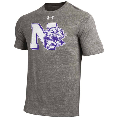 Northwestern University Wildcats Men’s Under Armour Triblend Grey Tee with Vintage N-cat Design